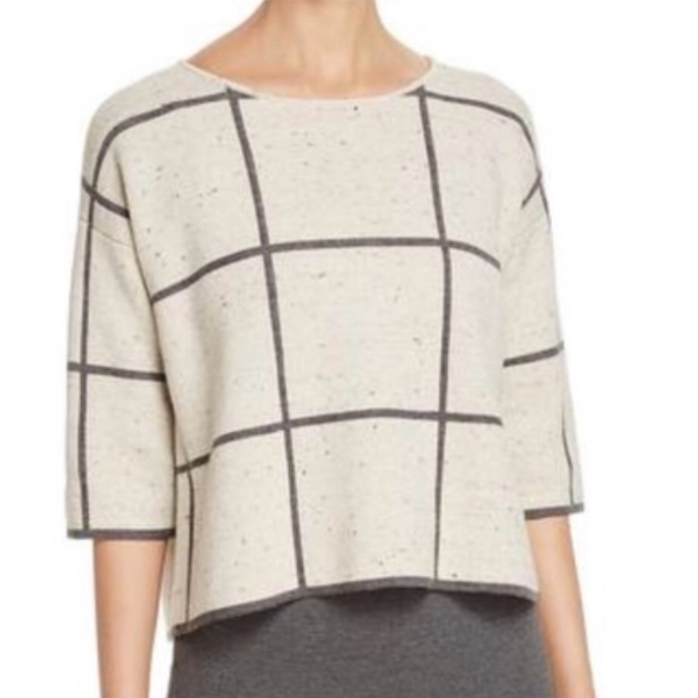 Eileen Fisher Peppered Organic Cotton Wool Cream and Gray Grid Boxy Sweater